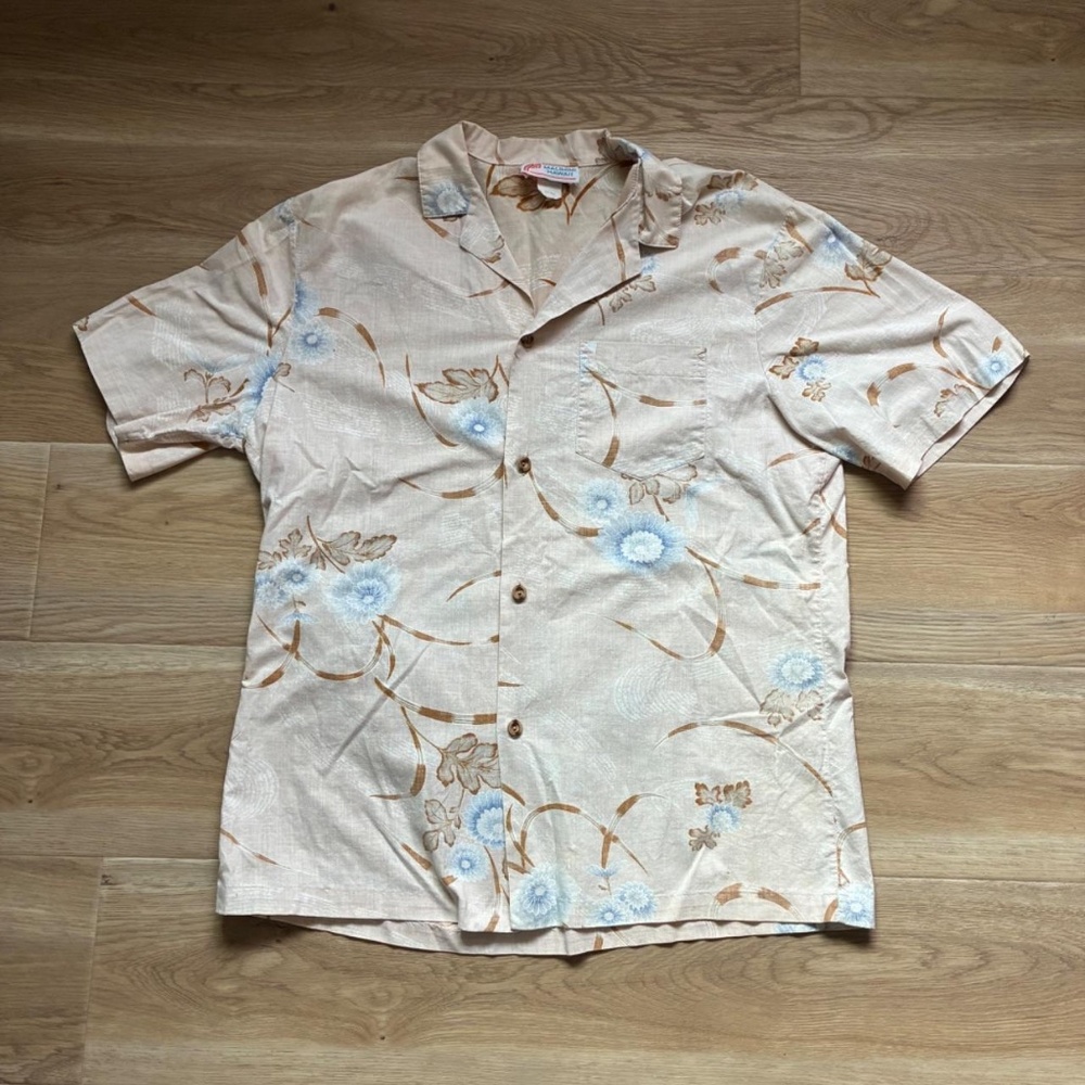 Vintage Malihini Aloha Shirt Tan & Blue Floral Hawaiian Shirt Made in USA Large